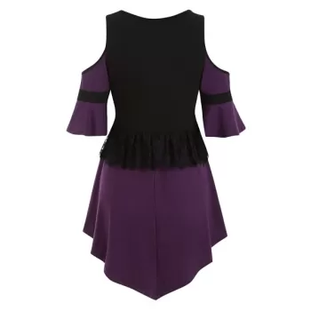 Square Collar Buckled Lace Panel Cold Shoulder Top - Plum Velvet