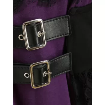 Square Collar Buckled Lace Panel Cold Shoulder Top - Plum Velvet