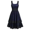 Square Neck Lace Layered A Line Flounce Dress - Deep Blue