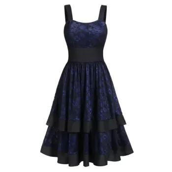 Square Neck Lace Layered A Line Flounce Dress - Deep Blue