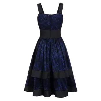 Square Neck Lace Layered A Line Flounce Dress - Deep Blue