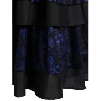 Square Neck Lace Layered A Line Flounce Dress - Deep Blue