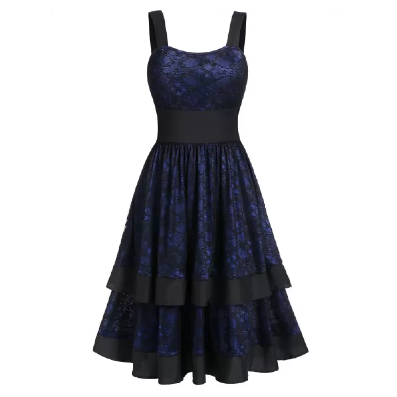 Square Neck Lace Layered A Line Flounce Dress - Deep Blue
