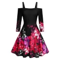 Square Neck Open Shoulder Floral Print Dress - Black