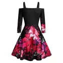 Square Neck Open Shoulder Floral Print Dress - Black