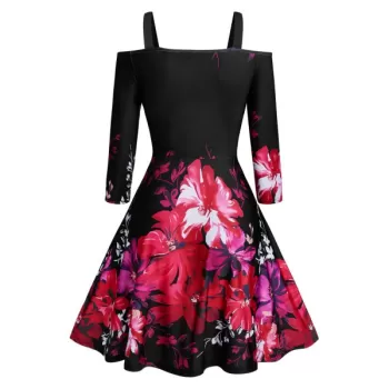 Square Neck Open Shoulder Floral Print Dress - Black