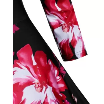 Square Neck Open Shoulder Floral Print Dress - Black