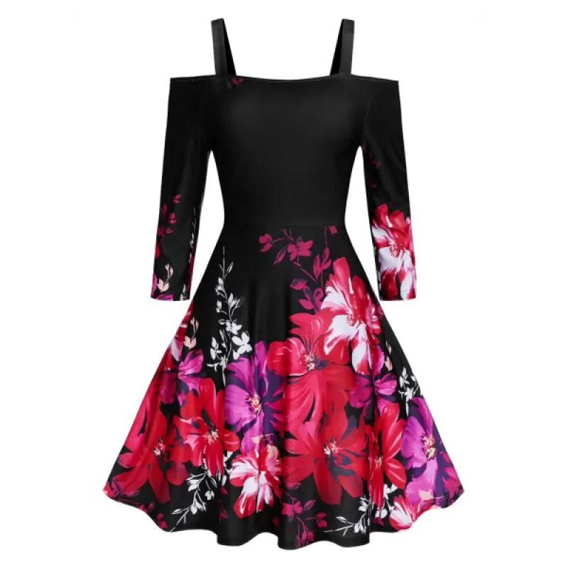 Square Neck Open Shoulder Floral Print Dress - Black