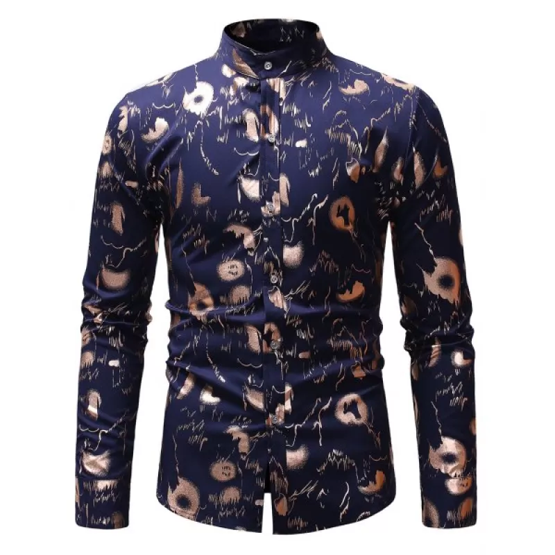tand Collar Gilding Print hirt - Cadetblue