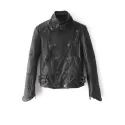 tand Neck PU Leather Biker Jacket - Black