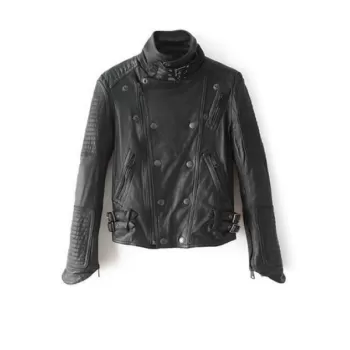 tand Neck PU Leather Biker Jacket - Black
