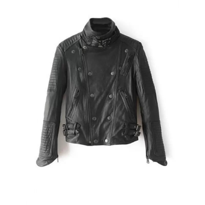 tand Neck PU Leather Biker Jacket - Black