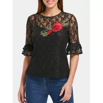 Star Lace Top with Camisole - Black