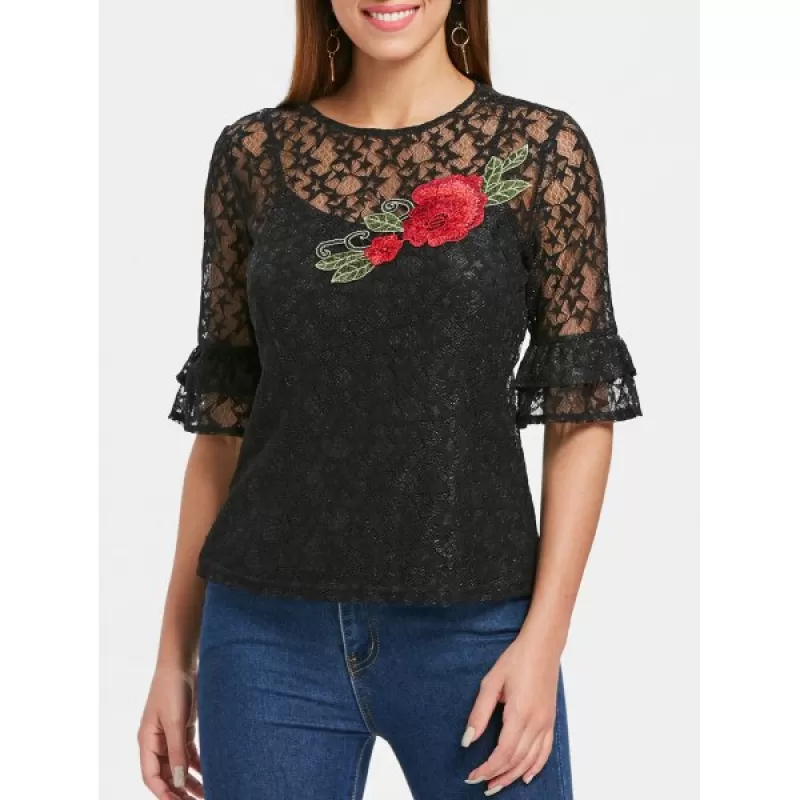 Star Lace Top with Camisole - Black