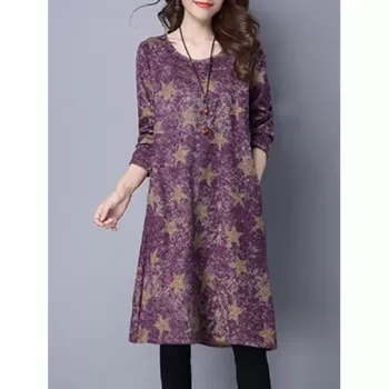 Star Print Loose-Fitting T Shirt Dress - Purplish Red