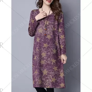 Star Print Loose-Fitting T Shirt Dress - Purplish Red