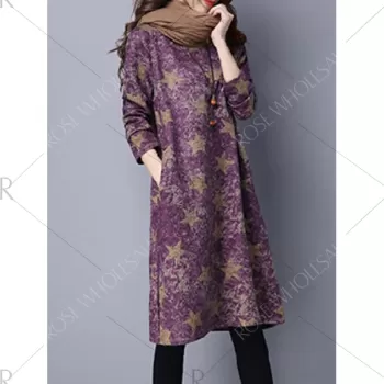 Star Print Loose-Fitting T Shirt Dress - Purplish Red