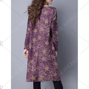 Star Print Loose-Fitting T Shirt Dress - Purplish Red