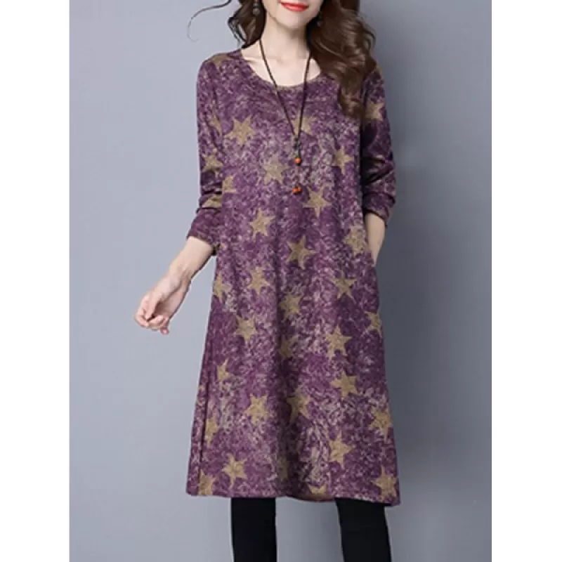 Star Print Loose-Fitting T Shirt Dress - Purplish Red
