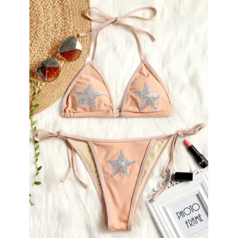 Star Sequined Micro Bikini Set - Orangepink