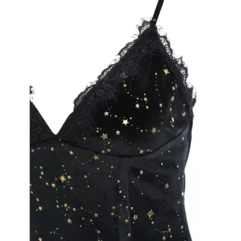 Stars Rivets Cami Straps Velvet Dress - Black