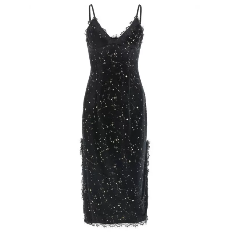Stars Rivets Cami Straps Velvet Dress - Black