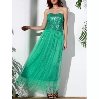 Strapless Sequin Long Swing Prom Evening Dress - Green