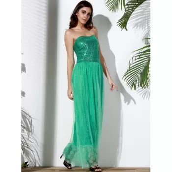 Strapless Sequin Long Swing Prom Evening Dress - Green