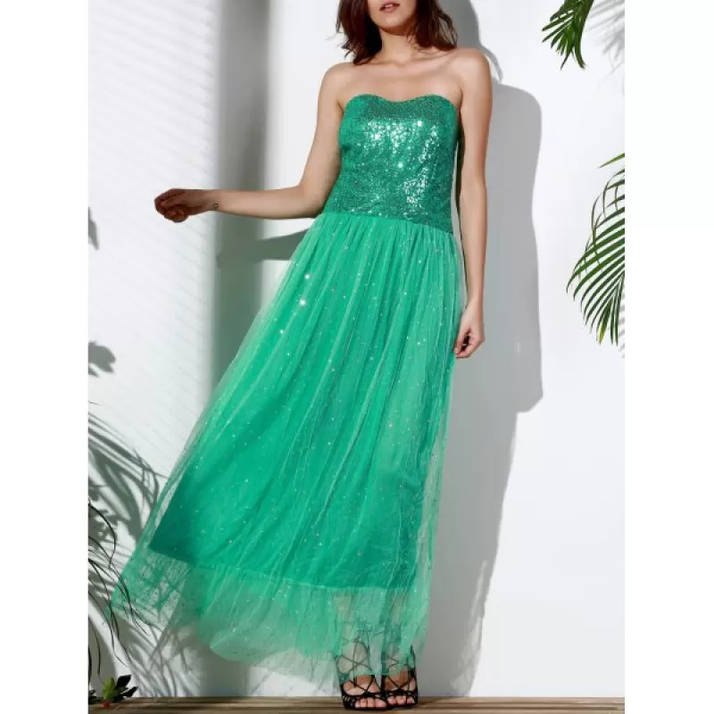 Strapless Sequin Long Swing Prom Evening Dress - Green