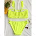 Strappy Flounce Shirred Bikini - Fluorescent Yellow