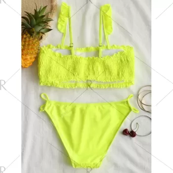 Strappy Flounce Shirred Bikini - Fluorescent Yellow