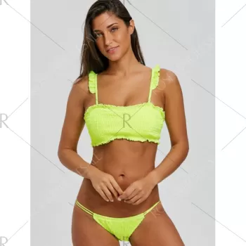 Strappy Flounce Shirred Bikini - Fluorescent Yellow