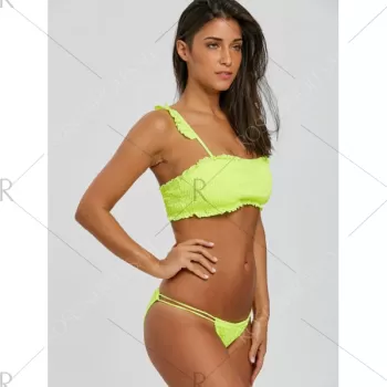 Strappy Flounce Shirred Bikini - Fluorescent Yellow