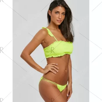 Strappy Flounce Shirred Bikini - Fluorescent Yellow