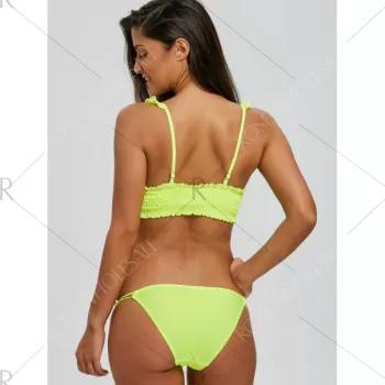 Strappy Flounce Shirred Bikini - Fluorescent Yellow