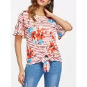 tripe and Floral Print T-shirt - Red