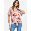 tripe and Floral Print T-shirt - Red