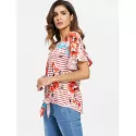 tripe and Floral Print T-shirt - Red