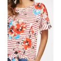 tripe and Floral Print T-shirt - Red