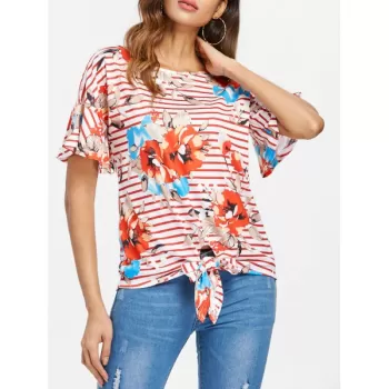 tripe and Floral Print T-shirt - Red