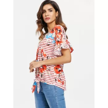 tripe and Floral Print T-shirt - Red