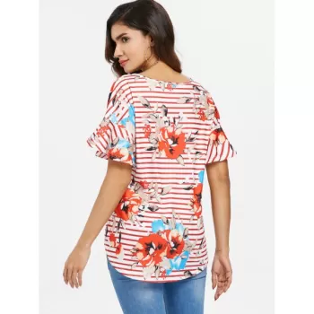 tripe and Floral Print T-shirt - Red