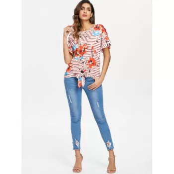 tripe and Floral Print T-shirt - Red