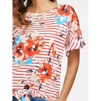 tripe and Floral Print T-shirt - Red