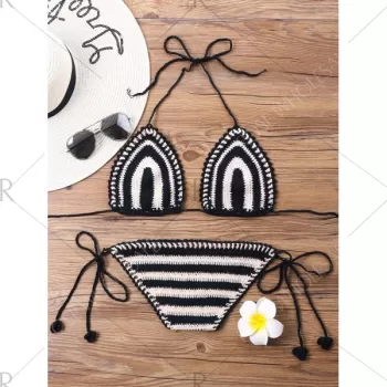 Stripe Crochet Halter Bikini Set -  One
