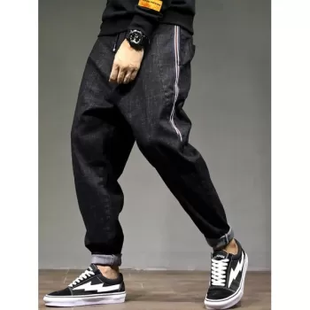 Stripe Patchwork Zipper Fly Drawstring Jeans - Black