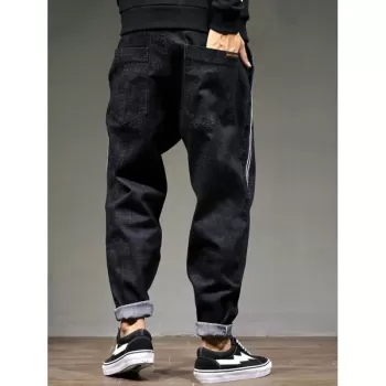 Stripe Patchwork Zipper Fly Drawstring Jeans - Black