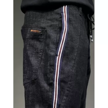 Stripe Patchwork Zipper Fly Drawstring Jeans - Black