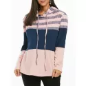triped Color Block Drawstring Loose Hoodie - Pink