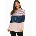 triped Color Block Drawstring Loose Hoodie - Pink